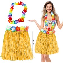 Skygo Hawaii Luau Aloha Sarı Püsküllü 50 cm Etek ve Hawaii Kolye Seti