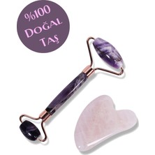 Normadia Ametist ve Pembe Kuvars Gua Sha ile Kalp Şeklinde Doğal Taş Yüz Masajı