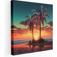Popcas  Retro Neon Işık Havalı Duvar Sanatı Plaj Palmiye Ağacıyla Günbatımı Dekorasyonu
