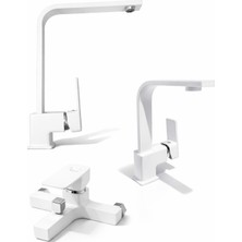 Beyaz Kare 3'lü Set Banyo Bataryası - Lavabo Bataryası - Mutfak Bataryası Beyaz Kare Pirinç Gövde