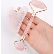 Normadia Doğal Pembe Kuvars Jade Roller ve Gua Sha Yüz Masaj Taşı Seti