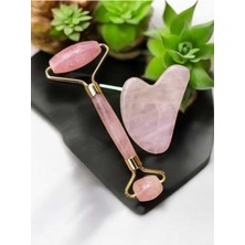 Normadia Pembe Kuvars Gua Sha ve Face Roller Seti, Doğal Taş Masaj Aleti