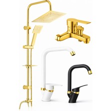 Musluq Gold Duş Sistemi + Siyah-Beyaz Kuğ Köşe Borulu Gold Mutfak-Lavabo Bataryası Seti-4lü Set