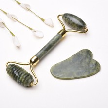 Normadia Tırtıklı Jade Roller ve Yeşim Kalp Gua Sha Masaj Taşı Seti