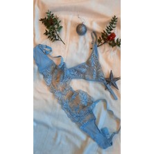 Romantik Brode Nakışlı Şeffaf Tül Bralet Takım - Yaprak Desenli