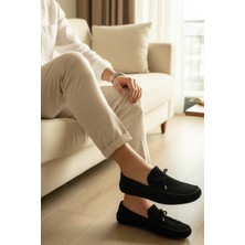 Enoch Hakiki Deri Siyah Süet Bağcık Detaylı Erkek Loafer