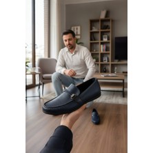 Enoch Hakiki Deri Lacivert Tam Lazer Kesim Bağcıksız Erkek Comfort Ayakkabı