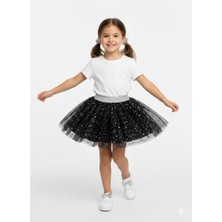 Dudese Kız Çocuk Siyah Yıldızlı Tül Tütü Etek - Gümüş Simli Bel Detaylı