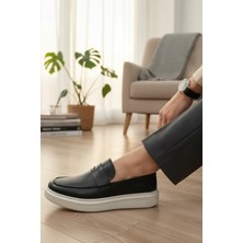 Enoch Hakiki Deri Siyah Beyaz Kalın Tabanlı Bağcıksız Erkek Loafer