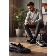 Enoch Hakiki Deri Siyah Rugan Metal Tokalı Erkek Loafer