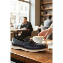 Enoch Hakiki Deri Lacivert Eskitme Dokulu Beyaz Tabanlı Erkek Loafer