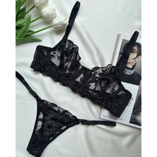 Romantik Brode Nakışlı Şeffaf Tül Bralet Takım - Yaprak Desenli