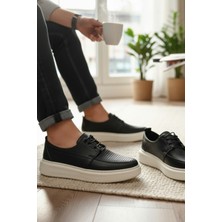 Enoch Hakiki Deri Siyah Lazer Kesim Detaylı Beyaz Tabanlı Bağcıklı Comfort Erkek Ayakkabı