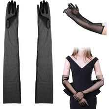 NW NessiWorld Uzun Boy Likralı Siyah Renk Yetişkin Mega Tül Eldiven 53 cm