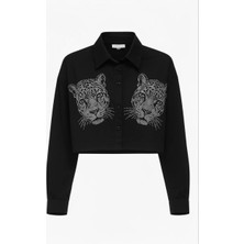 Miss Poem Kadın Siyah Çift Kaplan Taşlı Crop Uzun Kol Gömlek