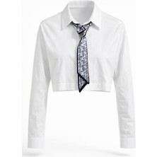 Miss Poem Kadın Beyaz Fular Detaylı Crop Gömlek