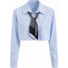 Miss Poem Kadın Açık Mavi Fularlı Crop Gömlek Yaka Uzun Kol Gömlek