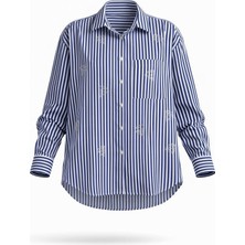 Miss Poem Kadın Lacivert Beyaz Çizgili Taşlı Detaylı Gömlek