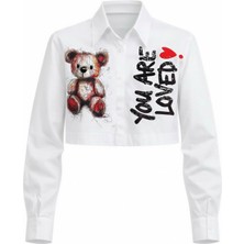 Miss Poem Kadın Beyaz Ayıcık Baskılı Crop Uzun Kol Gömlek