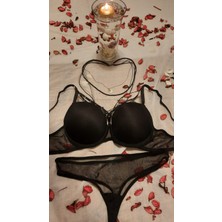 Tül Detaylı Sütyen Külot Takım - Push Up Dolgulu, Balenli, Taşlı