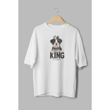 Overoz King Köpek Baskılı Yarı Oversize Beyaz T-Shirt 1033