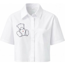 Miss Poem Kadın Beyaz Ön Arka Ayıcık Desenli Kısa Kol Crop Gömlek