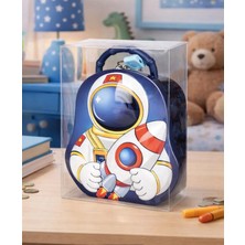 Mavi Astronot Çantalı ve Kilitli Metal Kumbara Şeffaf Kutulu