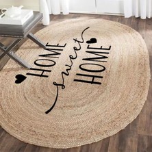 Kilim Home Boho 945 Home Sweet Home Temalı Etnik Desenli Oval Jüt Örme Doğal Hasır Kilim Daire Halı