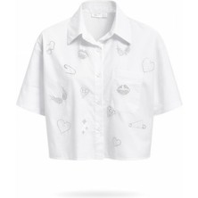 Miss Poem Kadın Beyaz Taş Baskılı Kısa Kol Crop %100 Pamuk Gömlek