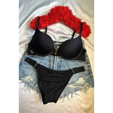 V-Model Altın Aksesuarlı Pamuklu Destekli Push-Up Sütyen Tanga Takımı - Arzu Serisi