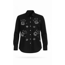 Miss Poem Kadın Siyah Gömlek Yaka Taşlı Figürlü %100 Pamuk Gömlek