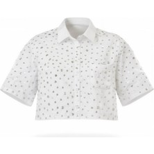 Miss Poem Kadın Beyaz Taş Detaylı Kısa Kol Crop Gömlek