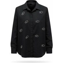 Miss Poem Kadın Siyah Kalp Figür Taşlı Gömlek