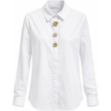 Miss Poem Kadın Beyaz Gold Aksesuar Detaylıuzun Kol Gömlek