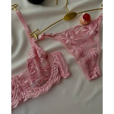 Romantik Brode Nakışlı Şeffaf Tül Bralet Takım - Yaprak Desenli