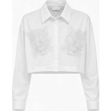 Miss Poem Kadın Beyaz Çift Kaplan Taşlı Crop Uzun Kol Gömlek