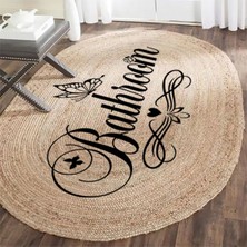 Kilim Home Boho 955 Oval Bathroom Yazılı Desenli Yuvarlak Jüt Örme Doğal Hasır Kilim Daire Halı