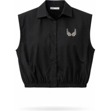 Miss Poem Kadın Siyah Kolsuz Taşlı Belden Lastikli Pamuk Gömlek