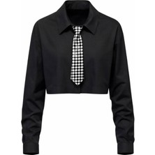 Miss Poem Kadın Siyah Kravatlı Crop Uzun Kol Gömlek