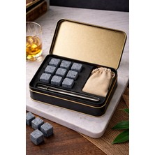 Stone Edition Viski Soğutma Taşı Seti Metal Kutu I Taş Kesesi ve Maşa Seti I Doğal Bazalt Soğutucu 2x2 cm