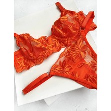 Romantik Brode Nakışlı Şeffaf Tül Bralet Takım - Yaprak Desenli