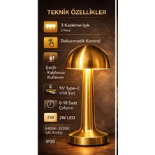 Cata Lizbon Şarjlı Masa Lambası Gold – Dokunmatik 3 Kademe Kablosuz LED Restoran & Cafe Lambası