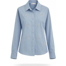 Miss Poem Kadın Mavi Gömlek Yaka Taşlı %100 Pamuk Gömlek