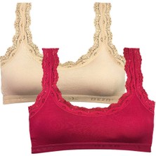 Vexor 2 Adet Dantel Nakış Işlemeli Pedli Bambu Kadın Büstiyer Ten Bordo