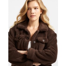 Modeva Global Kadın Kahverengi Düğmeli Çift Cepli Tedy Comfort ve Şik Peluş Mont