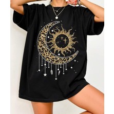 Texrium Leopar Ay Güneş Astronomi Oversize Pamuklu T-Shirt