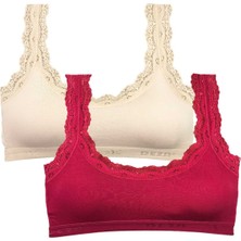 Vexor 2 Adet Dantel Nakış Işlemeli Pedli Bambu Kadın Büstiyer Krem Bordo