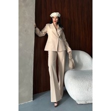 AKD Atelier Kadın Ikili Alt Üst Takım Şık Gold Düğmeli Fleto Cepli Blazer Ceket Bol Paça Pantolon Takım
