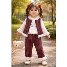 Cacobebiş Kazayağı Desenli 3'lü Kız Bebek Takım Bordo