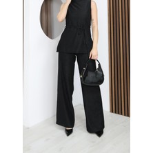 Moda Banuş Hakim Yaka Siyah Kadife Kumaş Takım - Bluz & Pantolon Ikili Kombin